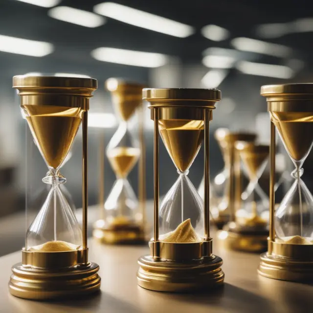 Three golden hourglasses represent pre-processing (procurement), processing, and post-processing (delivery) stages of manufacturing lead time