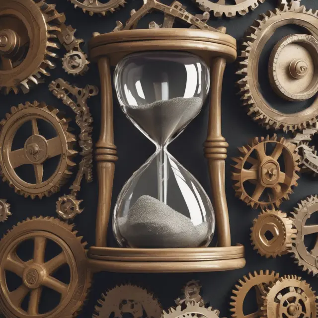 An hourglass with gears inside representing VMI, JIT, kitting services, and offsite assembly for efficient inventory management