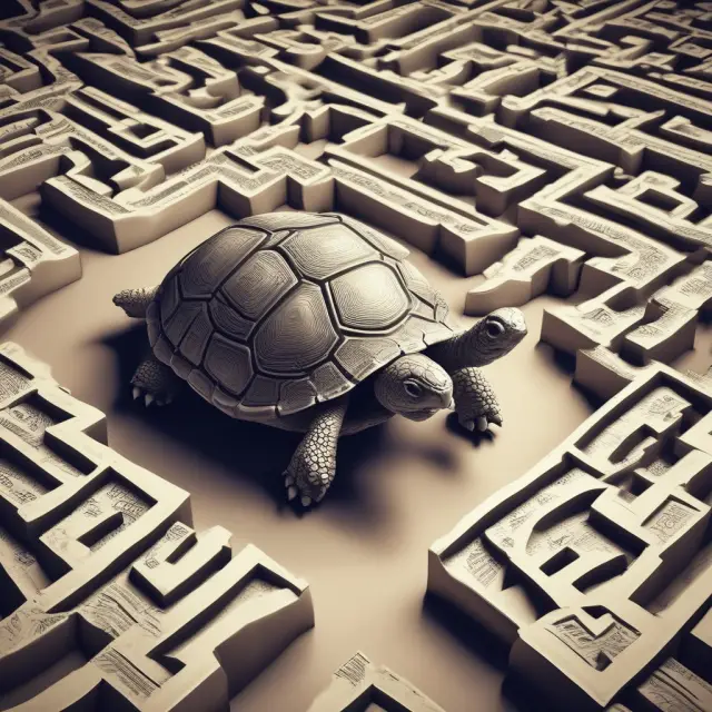 A tortoise navigating a labyrinth of financial documents and charts, illustrating efficient lead time management in finance