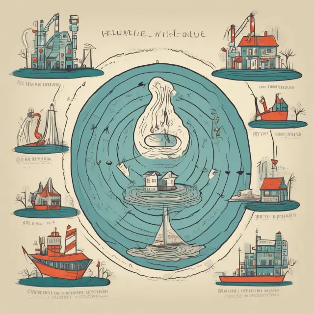 Image depicts a circular flow model with funds flowing in and out as savings, taxes, and imports (represented by dripping leaks) drain the economy