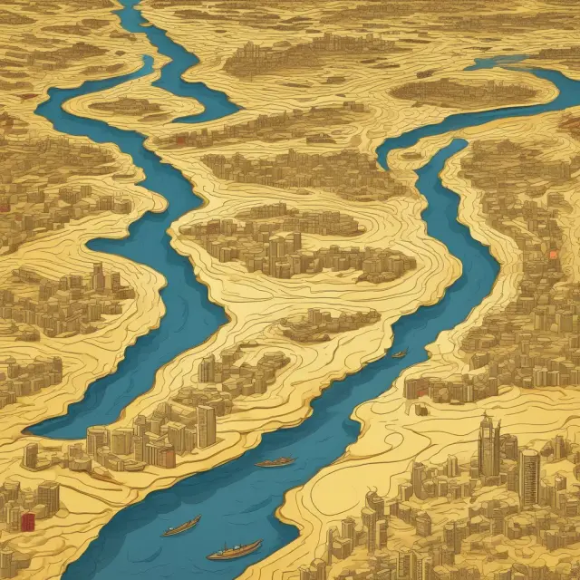 Golden river representing economic wealth flowing between countries, with some water leaking out to transnational corporations