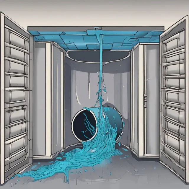 Water flowing from a leaking pipe inside an information vault, representing the consequences of data leakage