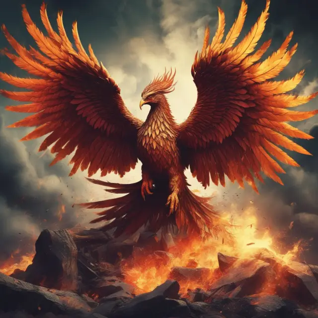A mythical Phoenix emerging from a pile of discarded materials, signifying process improvement through Lean Six Sigma