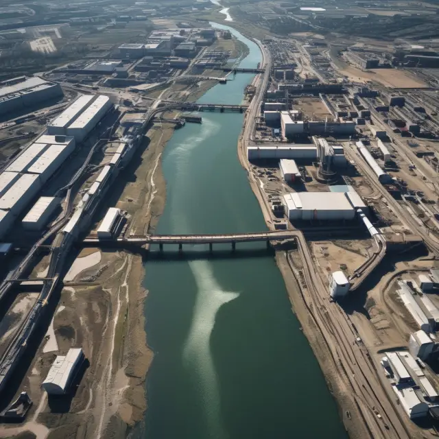 Stream of water representing continuous improvement flowing through a factory landscape, signifying the implementation of Lean Six Sigma