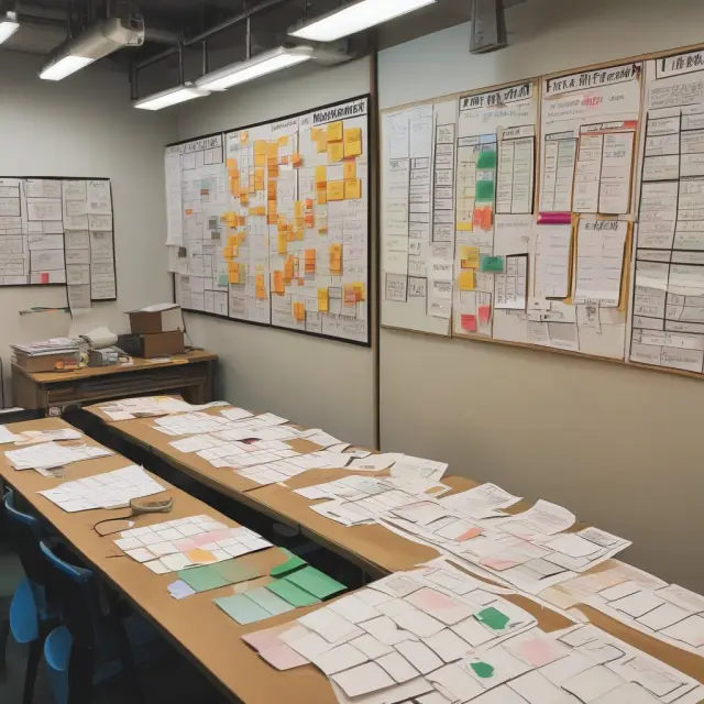 Workshop with Kanban board, Kaizen sign, value stream map, 5S toolbox, and JIT production line