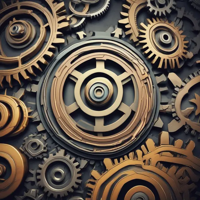 Five interconnected gears symbolizing the DMAIC phases: Define, Measure, Analyze, Improve, Control. Lean Six Sigma process improvement