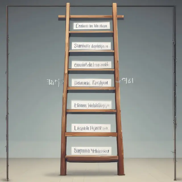 Image of different colored belts representing the Lean Six Sigma belt levels - White, Yellow, Green, and Black - arranged like rungs on a ladder to show progression towards expertise