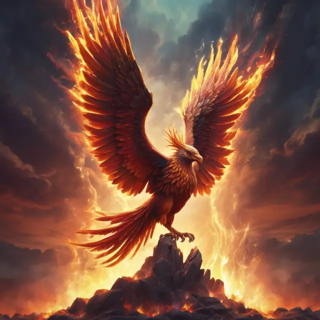 A mythical Phoenix rising above a sea of stock tickers, representing Long-Term Equity Anticipation Securities (LEAPS)