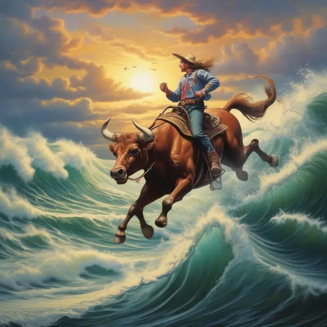 Bull riding a wave symbolizing LEAPS contracts with intrinsic strike prices and time value premiums.