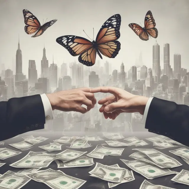 Two hands symbolically holding LEAPS contracts: one hand forming a butterfly spread, the other enacting a straddle strategy. Market volatility influences the scene as stocks and time flow dynamically.