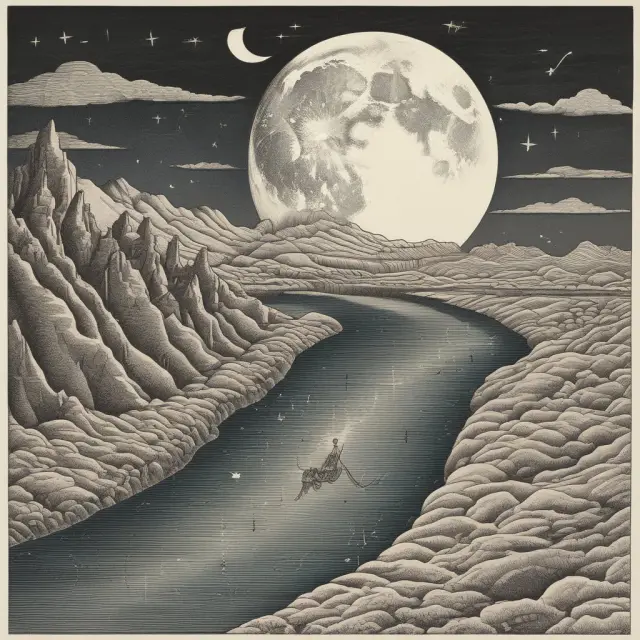 A learning curve graph with a waning crescent moon symbolizing historical data and a shifting riverbed representing changing market conditions