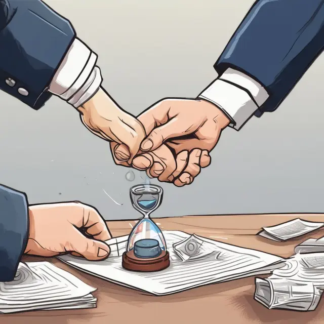 Two hands shaking on a contract: One hand holds a sandglass representing lease term limitations, while the other hand stamps 