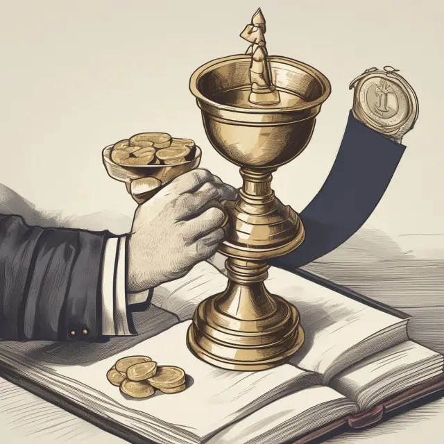 Lawyer and tenant shaking hands over a contract book, with a golden chalice signifying the monetary consideration of a lease extension agreement.