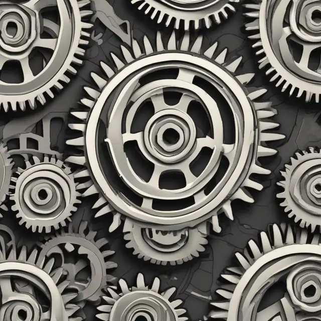 Two gear wheels interlocking, extending their connection and forming a larger, more complex machine, representing lease extensions for machinery, equipment, or vehicles.