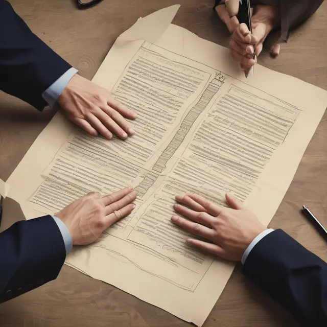 Lawyer in discussion with both parties, drafting lease extension agreement on table