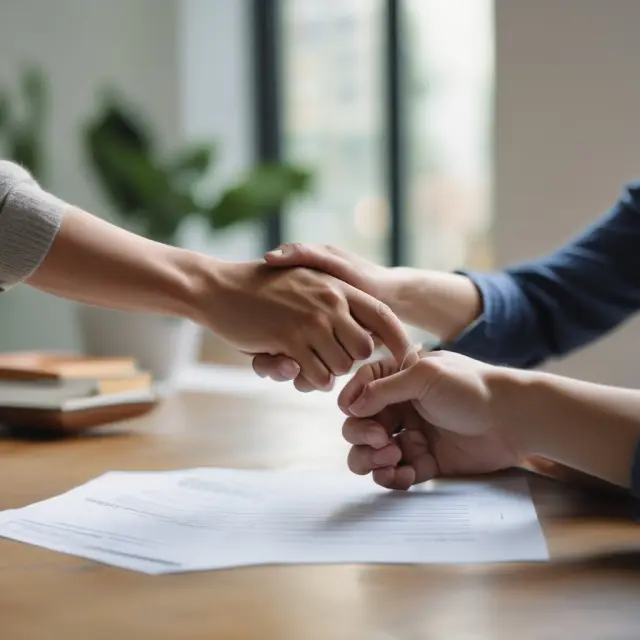 An illustration of a homebuyer and seller shaking hands with an agreement paper and clock representing the term of their lease option