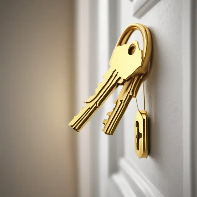 A golden key unlocks the door to a beautiful dream home, representing a renter