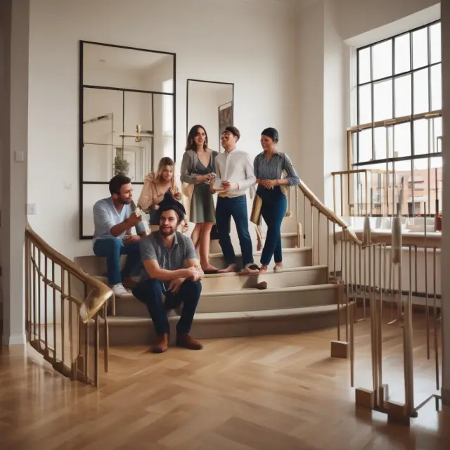 A property owner extends golden keys to renters climbing a winding staircase, symbolizing the opportunity for long-term growth and investment through lease options