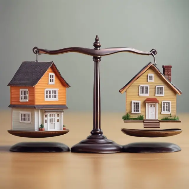 A balance scale holds a house symbolizing lease options and another with a mortgage. Rent-to-own sits atop, indicating comparison.