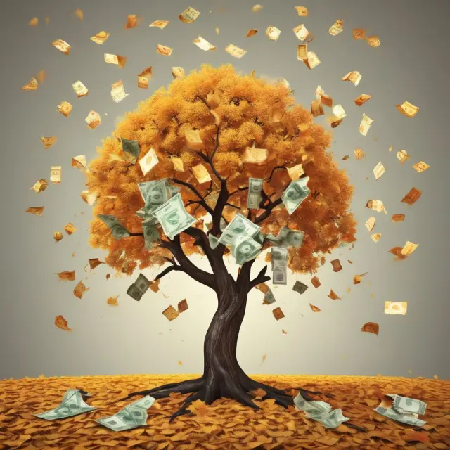 Tree shedding gold-colored bills representing lease payments; investors examining each leaf closely for insight