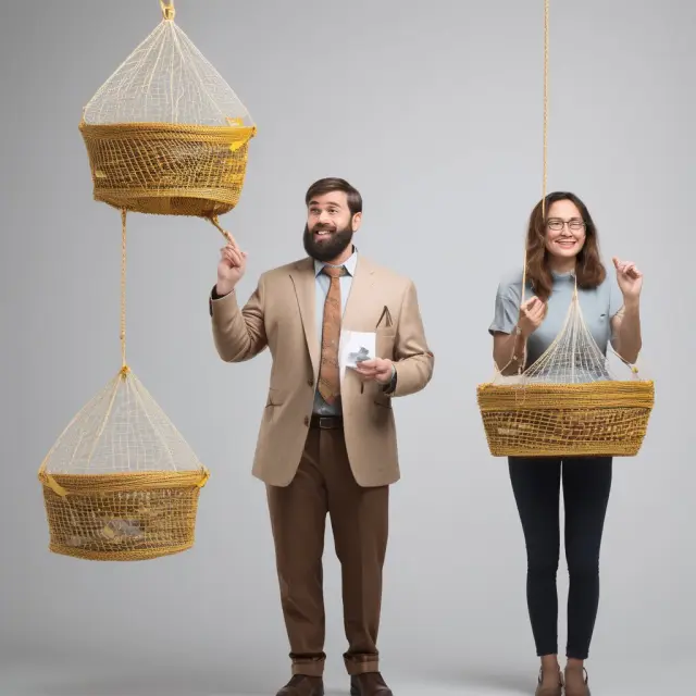 A golden tenant holding two nets labeled 