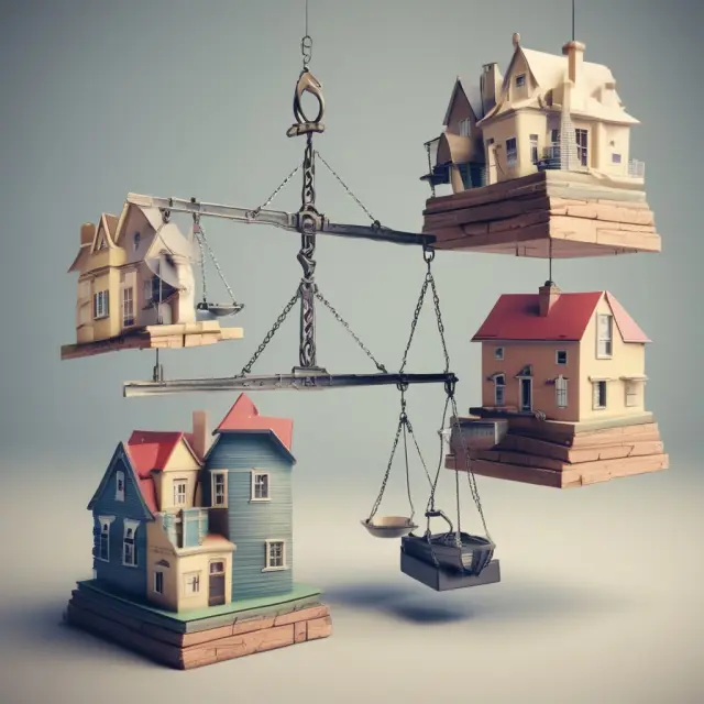 Businesses managing various assets on scales; equipment on one side, real estate on the other, symbolizing the benefits of leasing for cost savings and flexibility