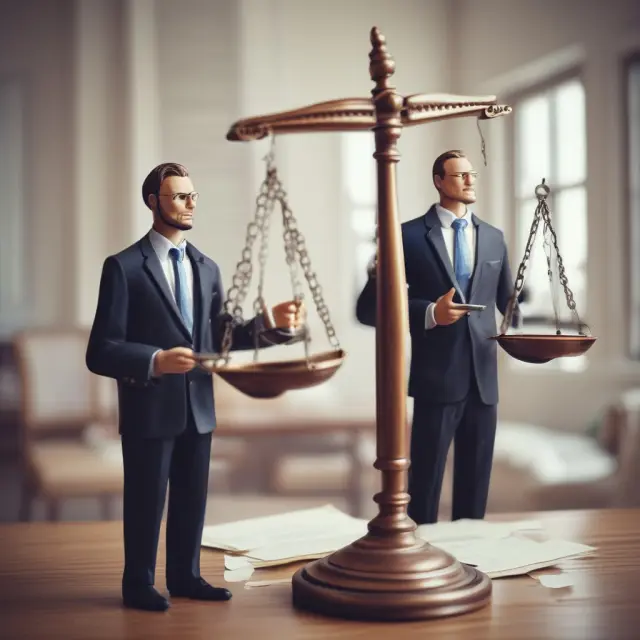 An image of a tenant and landlord standing on either side of a set of balances, each weighing the terms of their lease agreement under the watchful gaze of the goddess of justice