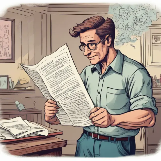 Tenant reading FAQs while surrounded by question tornados; understanding lease agreement intricacies