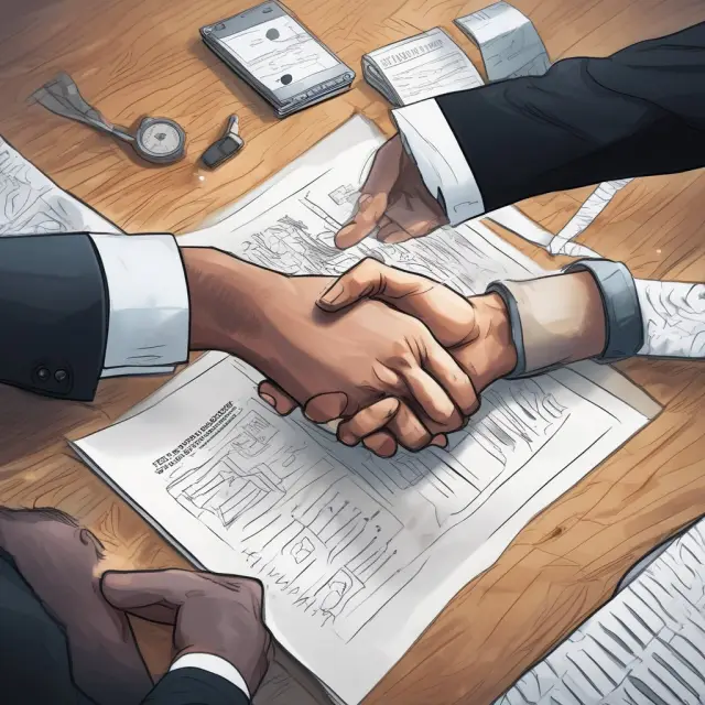 Two hands representing parties in a sale-leaseback agreement shaking over a complex contract, emphasizing legal aspects and obligations.