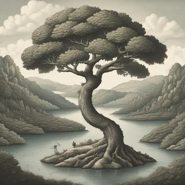 A river representing loans, a tree symbolizing equity financing, and a chameleon illustrating sale-leasebacks compared on a scale