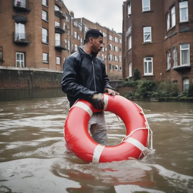 Tenant remaining on property without landlord consent, represented by a person holding onto a lifebuoy amidst potential eviction proceedings.