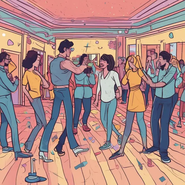 Flexible tenants and landlords interacting on a dancefloor, symbolizing the adaptive nature of tenancy at will