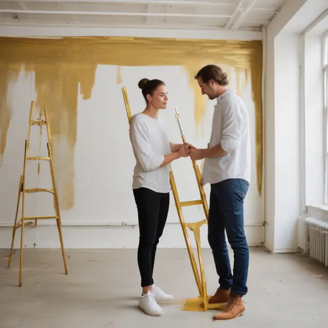 A landlord and tenant working together to transform an empty retail store with leasehold improvement allowance, depicted as golden paintbrushes in hand.