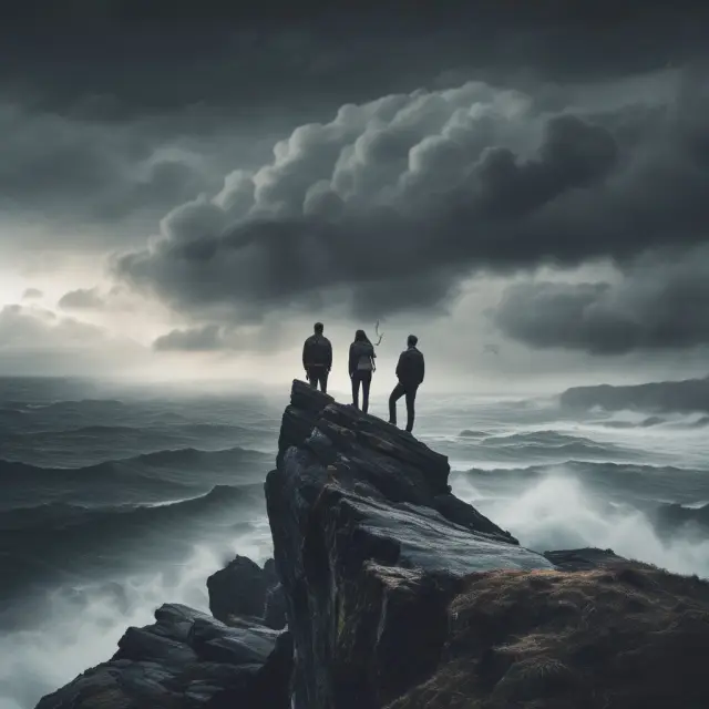 Two leaders: one atop a mountain with clear skies, symbolizing strong position and favorability; another navigating stormy seas, representing weaker positions