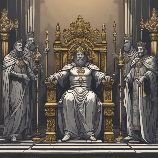 A powerful monarch on a throne with two advisors. One advisor holds a golden scepter, illustrating a strong leader
