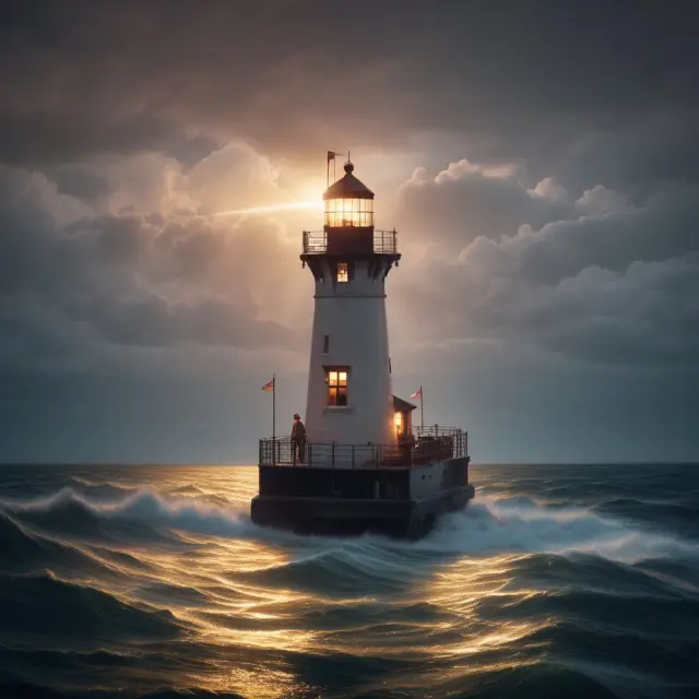 A lighthouse beaming light on various ships sailing in LPC waters, symbolizing diverse investor leadership approaches