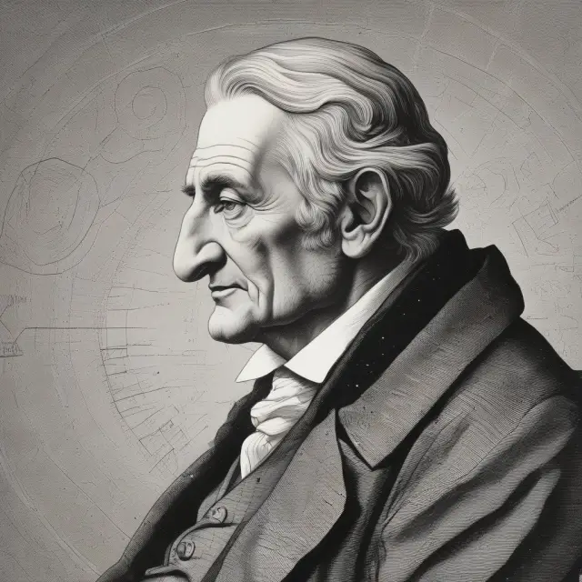 Carl Friedrich Gauss contemplating the least squares method with data points forming a line of best fit for financial analysis