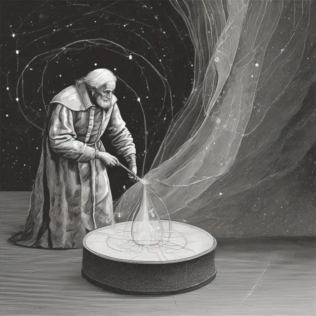 Gauss (Prince of Mathematicians) illuminating least squares method through the fabric of space-time, vital for financial analysis.