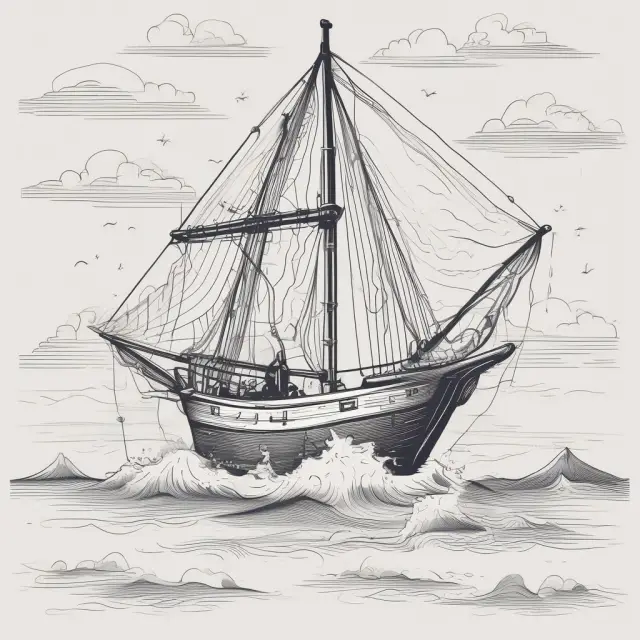 A sailboat representing the least squares method navigating a sea filled with assumptions (anchors), encountering waves symbolizing outliers, and steering through nonlinear currents