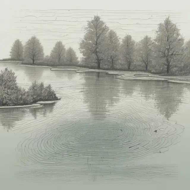 Regression line fitting data points with residuals represented as ripples on a pond, minimizing sum of squared errors