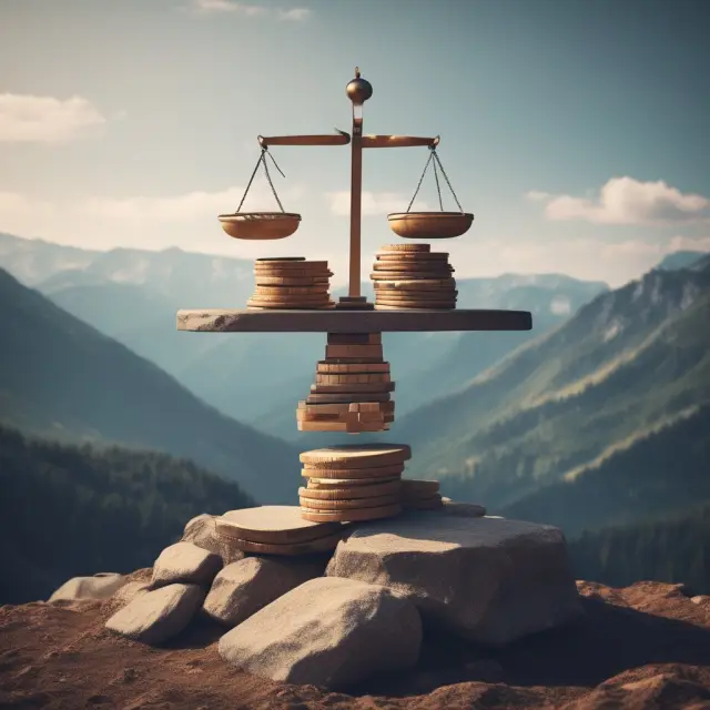 A scale resting on a mountain of financial transactions represents the ledger balance.
