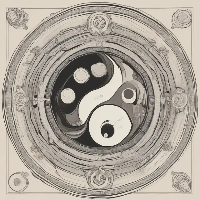 A yin-yang scale balanced between two bowls: one labeled 