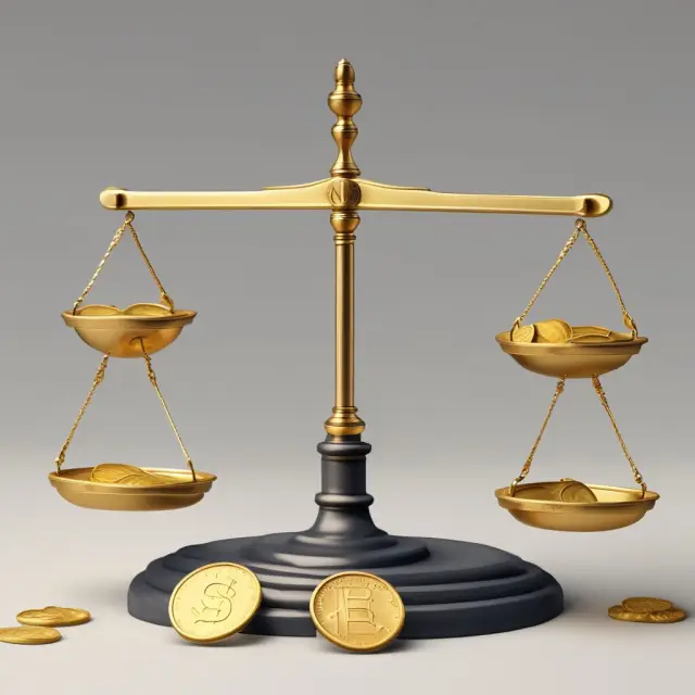 Gold scales represent ledger (total balance) and available balance. Gold coins shift towards 