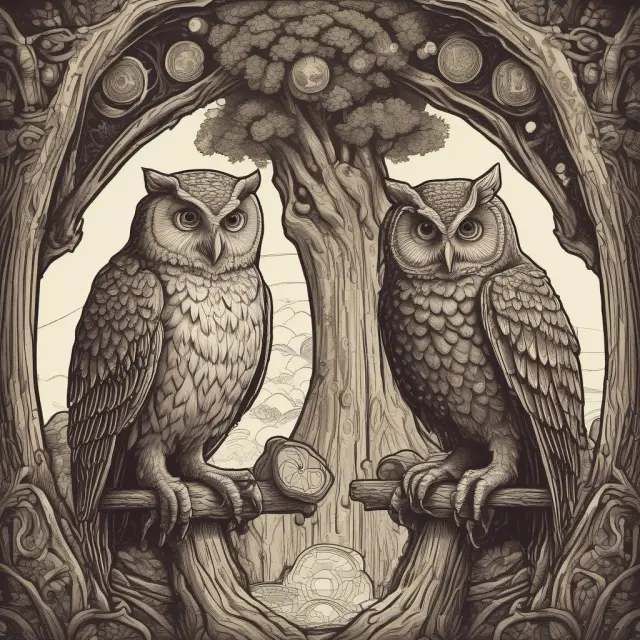 Two owl traders exchanging futures contracts against the backdrop of growing cryptocurrency trees, representing FTX US Derivatives