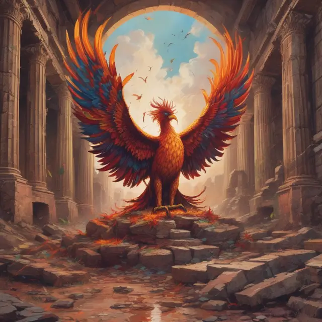 Sam Bankman-Fried depicted as a mythical phoenix, surrounded by FTX branding elements, indicating the potential for resurrection and renewal.