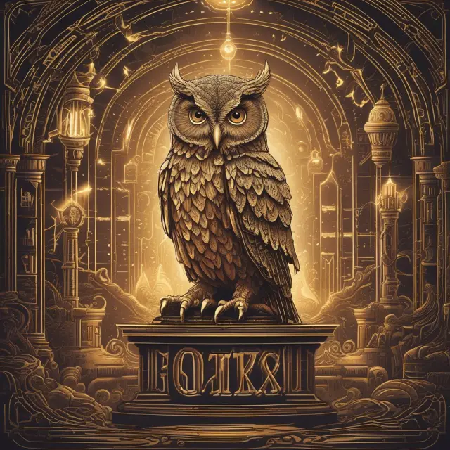 Wise owl answers FAQs about FTX, Bankman-Fried, and cryptocurrency derivatives. Golden question marks illuminate the scene.