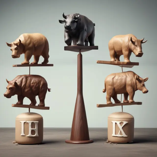 Two bulls and two bears balanced on a tightrope, holding long straddle option contracts to depict financial flexibility.