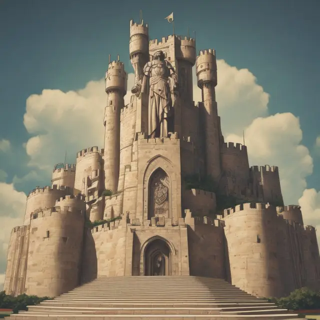 An OCC representative, depicted as a guardian, standing atop a grand castle to ensure national banks maintain lending limits and financial balance