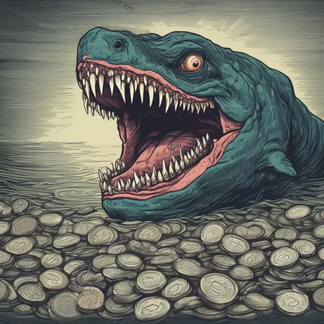 Image: A menacing sea monster swallowing coins, illustrating a loan shark