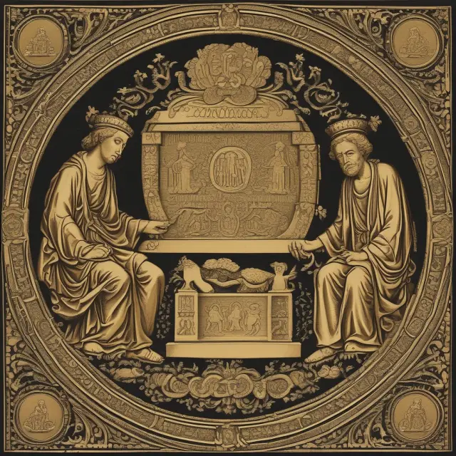 Gold coins symbolizing usury in history. From Babylonian Codex Hammurabi to present-day financial practices.